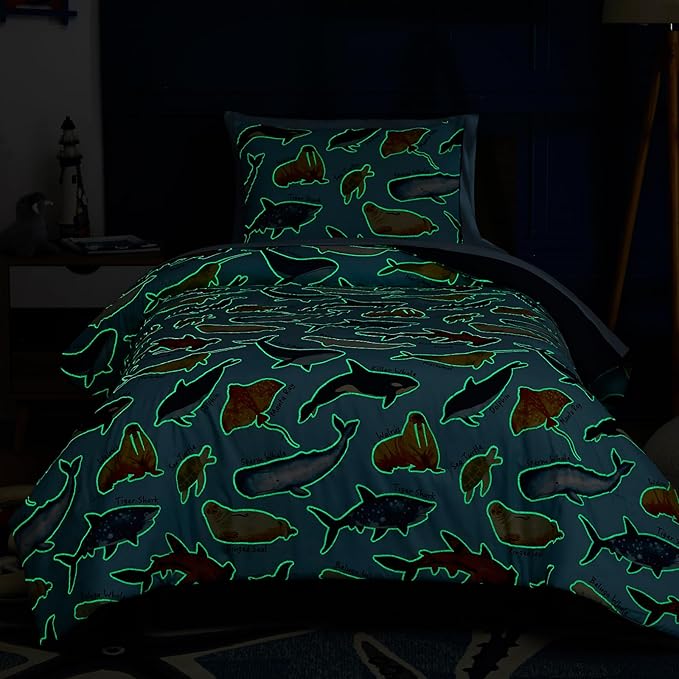 Kids Comforter Set Twin Size for Boys, Glow in The Dark Sea World Bedding Set 1 Comforter, 1 Decor Pillow, 1 Pillow Shams