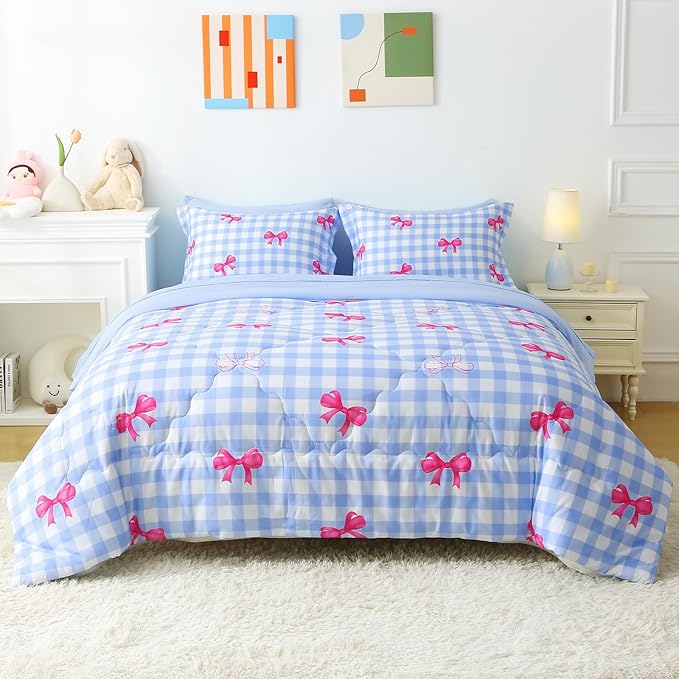 Wajade Bow Comforter Set 7 Piece Blue White Plaid Comforter Sets for Girls Kids Queen Size Checkered Bedding Set with Sheet and 2 Pillowcases 2 Pillow Shams Cute Girls Bed in a Bag as Birthday Choice