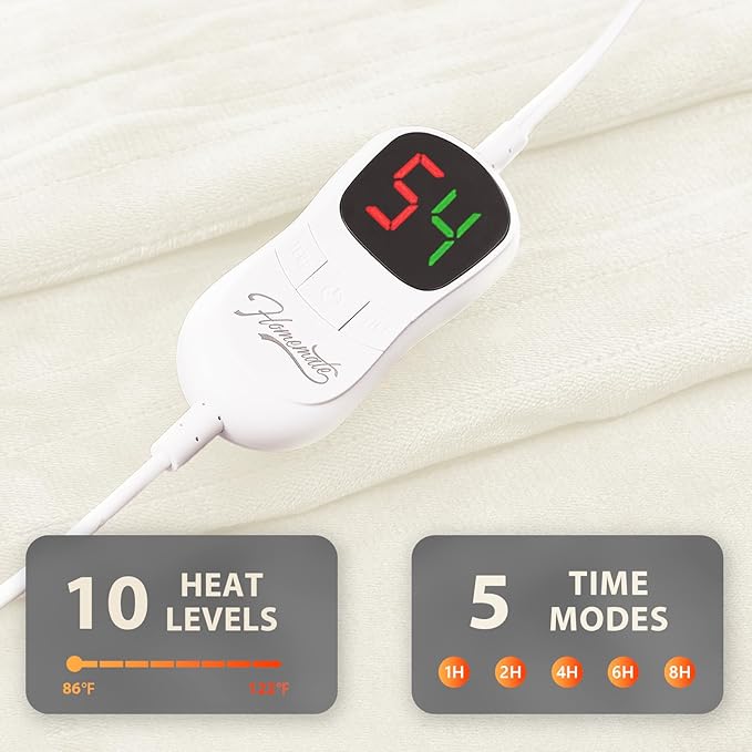 Homemate Electric Heated Blanket King Size - 100"x90" Heating Blanket King Size Dual Control 1/2/4/6/8 Hours Auto-Off 10 Heat Level Over-Heat Protection Flannel Sherpa ETL Certification