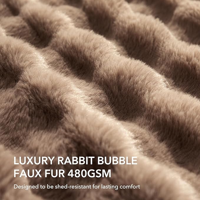 Faux Rabbit Fur Bubble Electric Blanket Queen Camel - Fluffy Thick Heated Blanket with Dual Control, 6 Heating Levels & 10 Timer Settings, Overheat Protection, Room Home Decor (84" x 90")