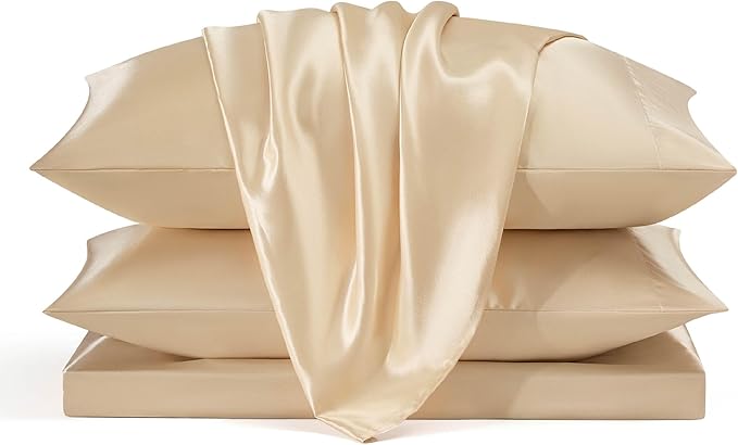 Bedsure Satin Sheets Full Size - 4 Piece Silky Bedsheets with 15 Inches Deep Pocket Fitted Bedsheet,1 Flat Sheet, 2 Satin Pillowcases, Good for Hair & Skin (Full, Champagne)