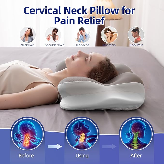 Cervical Neck Pillow - Memory Foam Pillows for Pain Relief Sleeping with Cooling Pillowcase, Ergonomic Contour Odorless Bed Pillow for Back Side Shoulder Stomach Sleeper, Queen Gray