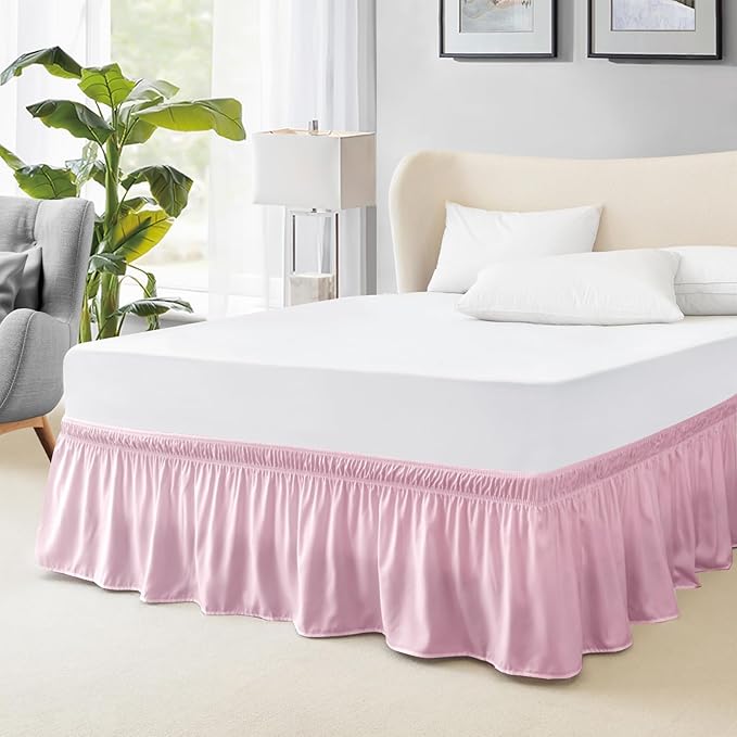 FreshCulture Full Bed Skirt, Elastic Wrap Around Bed Skirt Full Bed, Easy Fit with 22-Inch Tailored Drop, Hotel Quality Dust Ruffle for Full Size Bed, Bed Skirt Full Size (Dusty Pink)