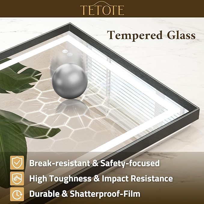 TETOTE 28 x 36 Bathroom LED Mirror Brushed Black Metal Frame Frontlit & Backlit Anti-Fog Stepless Dimmable 3 Colors White/Warm/Natural Mirror with Lights Wall-Mounted