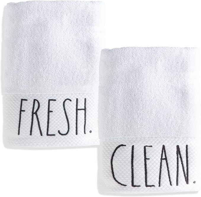 Rae Dunn Hand Towels, Embroidered Decorative Hand Towel for Kitchen and Bathroom, 100% Cotton, White- Fresh/Clean, 16"x 28"