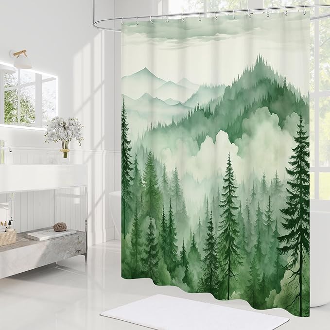Green Long Misty Pine Forest Shower Curtain 72 x 78, Mountain Foggy Woodland Scenery Tree 78 Inch Long Shower Curtains for Bathroom, Abstract Waterproof Nature-Themed Decor