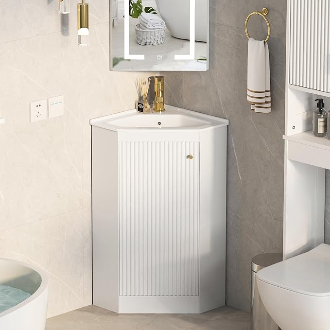 24" Corner Bathroom Vanity Sink Combo for Small Space, Freestanding Compact Space Bathroom Storage Cabinet with White Ceramic Sink, Wall Mounted Modern Vanity,White