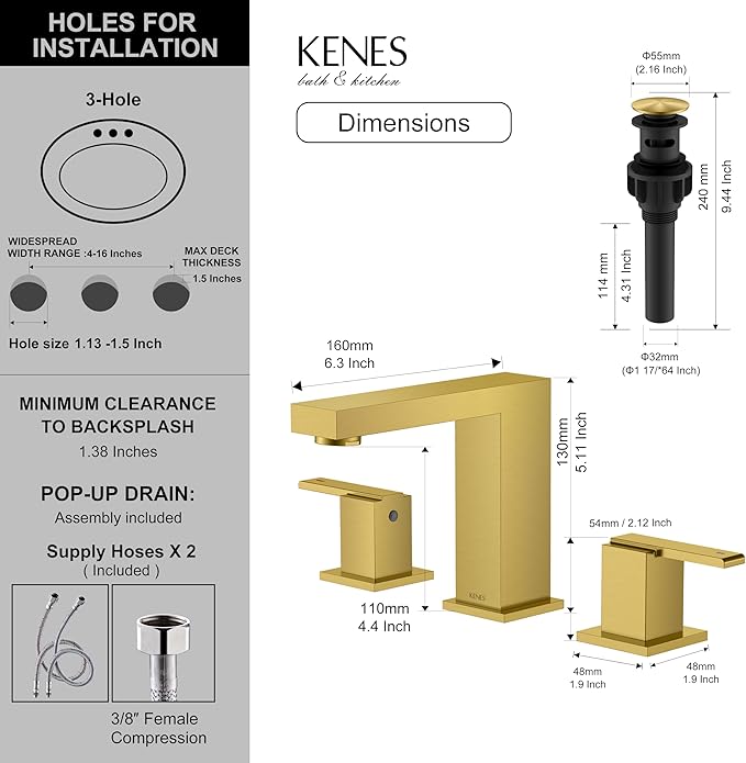 KENES Brushed Gold Widespread Bathroom Faucet 3 Hole Bathroom Sink Faucet Gold Two Handle, 8-Inch 3 Pieces Bathroom Vanity Faucet with Pop Up Drain & Supply Lines, KE-9050-4-P