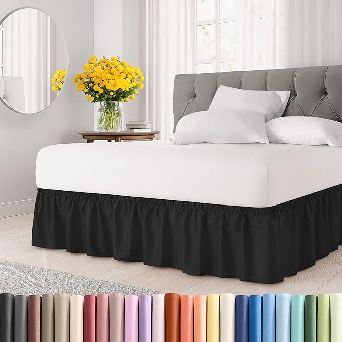 Wrap Around Dust Ruffle Bed Skirt - Black - for King Size Beds with 18 Inch Drop - Easy Fit Elastic Strap - Adjustable Pleated Bedskirt w/Brushed Fabric - Wrinkle Free - for Women, Men, Kids & Teens