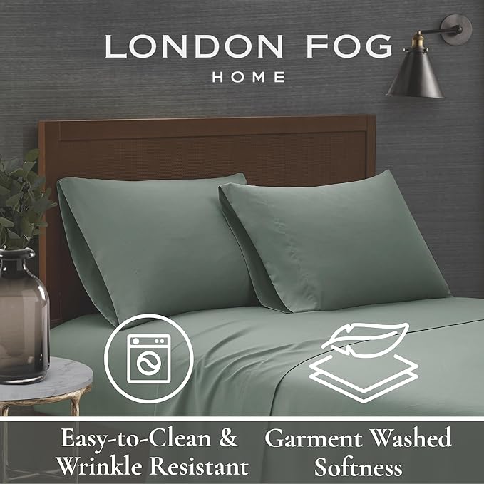 London Fog Garment Washed Solid Sheet Set Green Microfiber 4-Piece King Sheet Set, Solid Themed, Deep Pocket, Adult and Teen, Oeko-TEX Certified