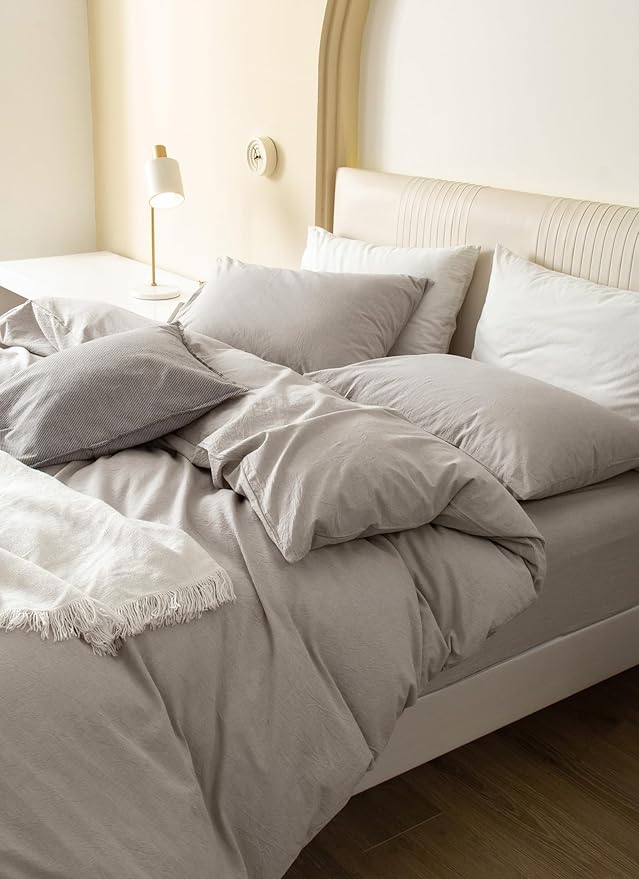 JIYUAN 100% Washed Cotton Duvet Cover Set 3 Pieces Super Queen, 1 Duvet Cover 90x98 Inches(Comforter Not Included) and 2 Pillowcases,Linen Feel Bedding Set Comfy and Breathable, Heathered Cream Grey