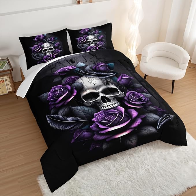 Death Skull Heads Queen Size Comforter Sets,Horror Themed Gothic Bedding for Kids Teens Boys Room Decor,Mysterious Floral Spider Western Comforter Sets with 2 Pillowcases.
