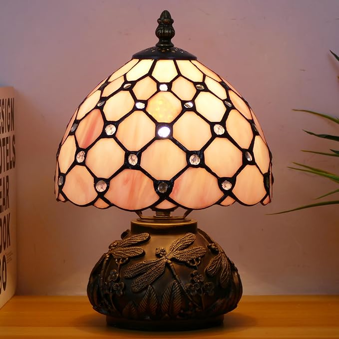 Small Tiffany Lamp Mini Stained Glass Table Lamp Pink Pearl Style Mushroom Accent Lamp 8X11 Inch