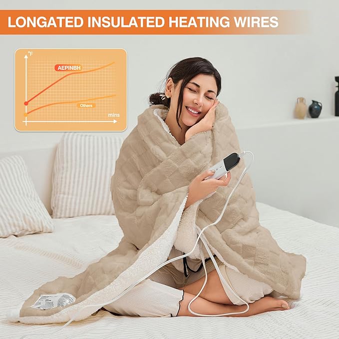 Electric Blanket Throw - Soft Checked Flannel with 6 Heating Levels, 4 Hours Auto-Off, Fast Heating, ETL & FCC Certified, 50"x60", Overheating Protection, Cozy Heated Blanket Throw（Khaki）