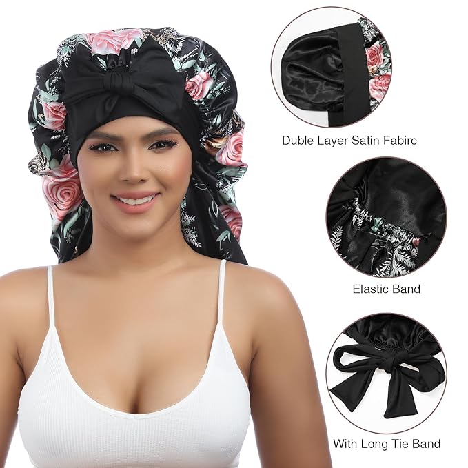 AWAYTR Long Satin Bonnet for Women - Double Layer Elastic Silk Bonnet for Braids Hair Sleeping Cap with Tie Band (Flower B)