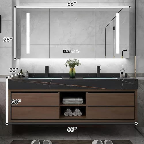 68IN Double Sink Bathroom Vanity, Floating Modern Bathroom Vanity Include Smart Defog Mirror Cabinet with LED Light, Solid Wood Vanities with Integrated Sink and Drawers Storage