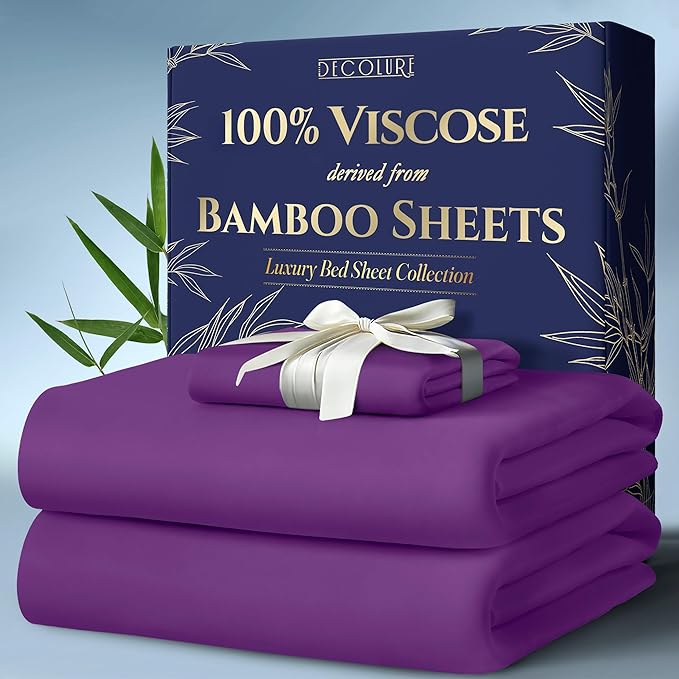 DECOLURE 100% Viscose Derived from Bamboo Sheets Twin Size 3pcs - Ultra Soft & Luxuriously Cooling, 17" Deep Pocket, Double Stitching, Perfect for Hot Sleepers - Twin Bed Sheets (Purple)