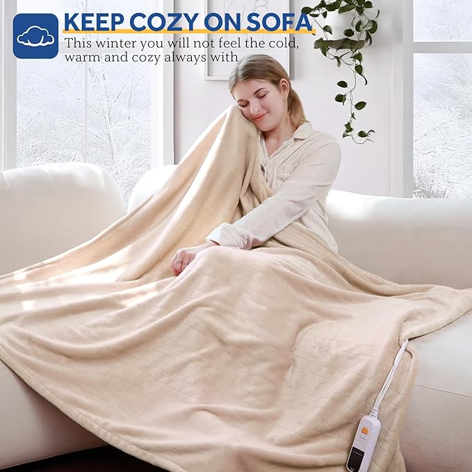 Sealy Heated Blanket Electric Throw 50"x60", Soft Double Flannel Electric Blanket with 6 Heat Levels & 2-10 Hours Auto Shut Off, Machine Washable, Even Heat Distribution, Beige