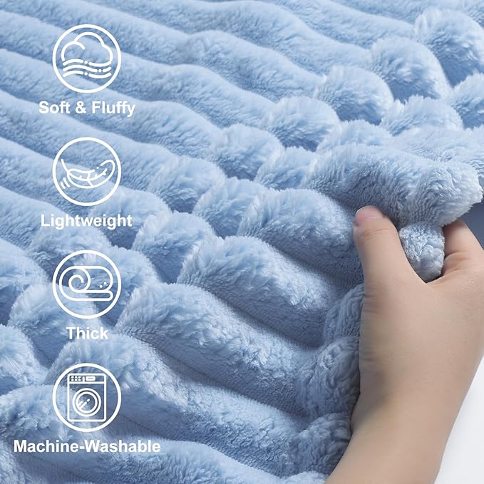 decorUhome Christmas Soft Fleece Blue Grey Blanket Queen Size for Bed, Cozy Fluffy Plush Flannel Large Striped Throws for Couch Sofa, Lightweight Decorative Fuzzy Blanket for Woman, 90x90 Inches