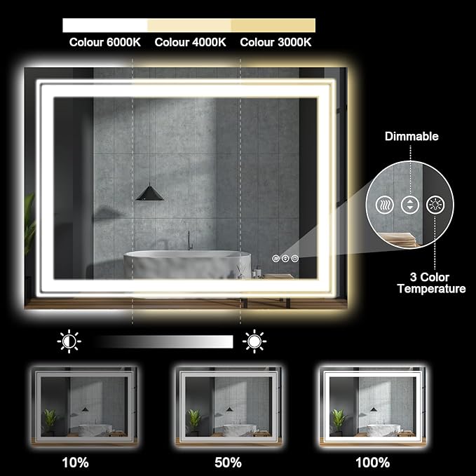 LED Bathroom Mirror, 55"x30" with Front and Backlit, Anti-Fog, Large Bathroom Vanity Mirror for Wall, Memory Function, Stepless Dimmable, Tempered Glass (Horizontal/Vertical)