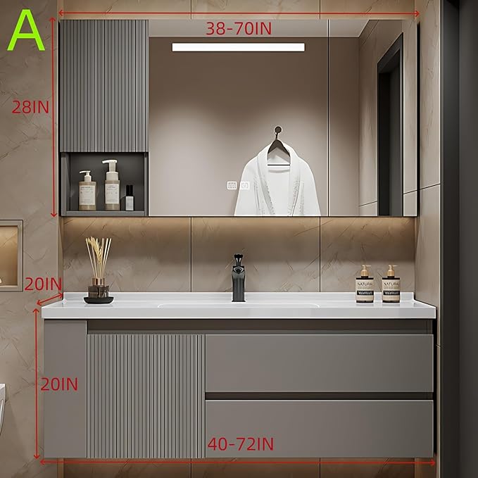 60IN Suspended Bathroom Cabinet Combo Set - Fully Functional LED Mirror with Smart Defogging & Time Display | Bathroom Vanity with Sink,Side Cabinet Storage Compartment (Style A)