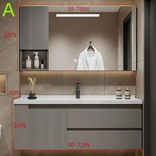 56IN Suspended Bathroom Cabinet Combo Set - Fully Functional LED Mirror with Smart Defogging & Time Display | Bathroom Vanity with Sink,Side Cabinet Storage Compartment (Style A)