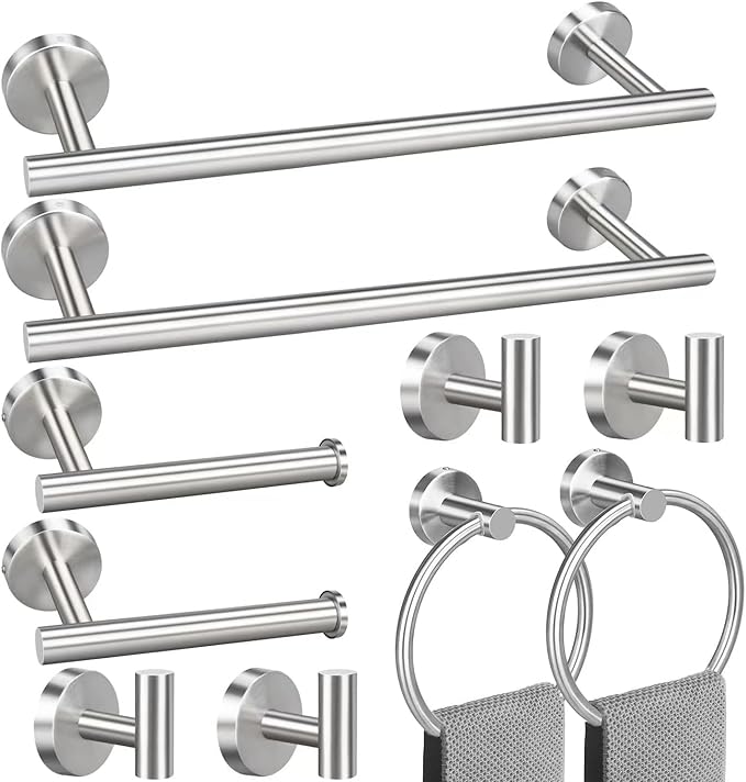 23.6inch 10 Sets Bathroom Towel Rack Set Brushed Nickel, Includes 2PCS 23.6Inch Towel Bar, 2PCS Towel Ring, 2PCS Toilet Holder and 4PCS Towel Hooks-Brushed Nickel