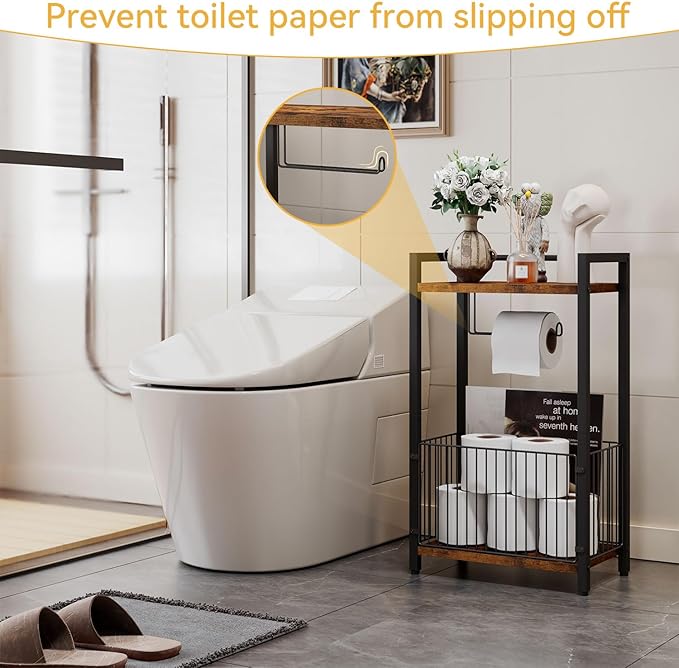 IBUYKE Freestanding Toilet Paper Holder Stand with Storage Shelf,Bathroom Toilet Tissue Roll Dispenser with Extra Space for Rolls, Magazines, Wet Wipes Brown TLJ020H