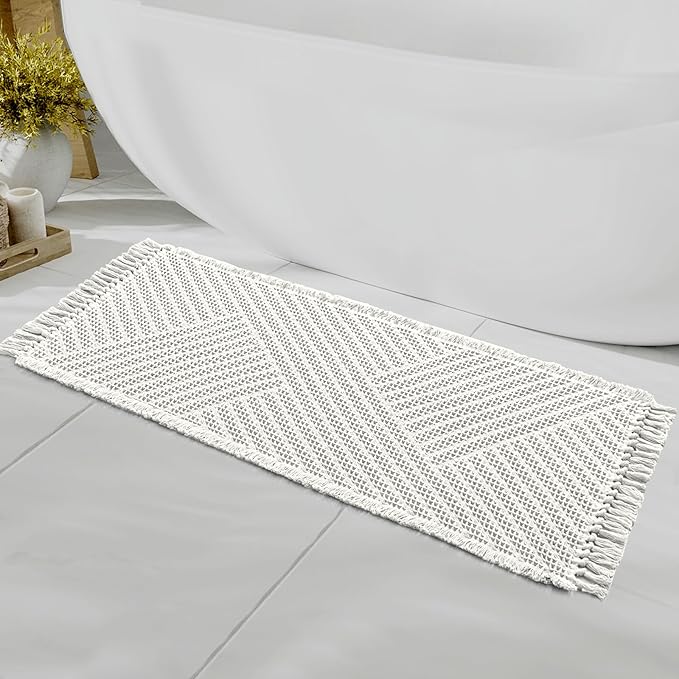 H.VERSAILTEX Waffle Bath Runner Rug Long Bath Mat Super Absorbent Boho Bath Rugs Non Slip Bath Runner for Bathroom Floor Machine Washable Dry Fast Bathroom Rugs with Tassels, 24" x 60", Ivory White