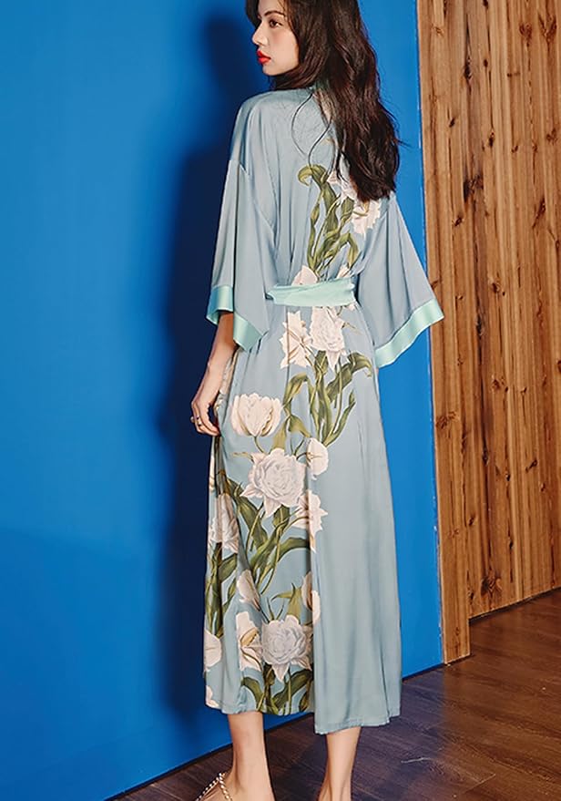 Silk Satin Robe for Women Long Japanese Kimono Robe Lightweight Soft Bathrobe Floral Luxury Dressing Gown