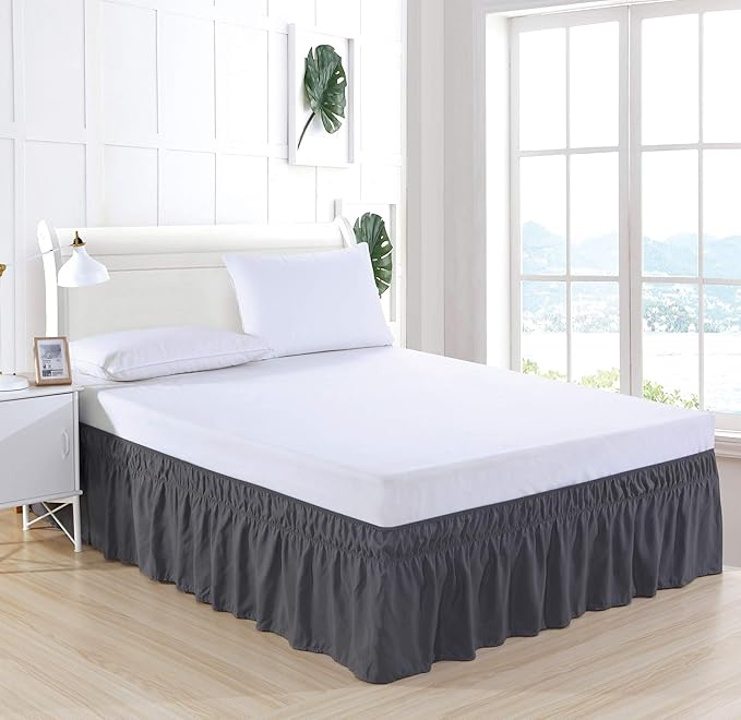 MEILA Wrap Around Bed Skirt Three Fabric Sides Elastic Dust Ruffled 14 Inch Tailored Drop,Easy to Install Fade Resistant-Dark Grey, Twin/Full
