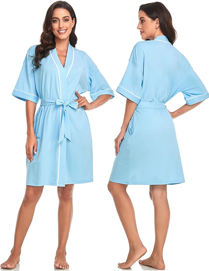 COLORFULLEAF Womens Bamboo Short Robes Lightweight Kimono Cotton Robe Soft Knit Bathrobe Ladies Loungewear with Pockets