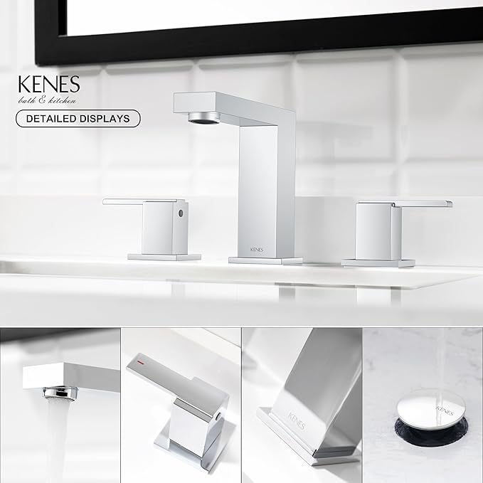 KENES Polished Chrome Widespread Bathroom Faucet 2 Handle Bathroom Sink Faucet 3 Hole, 8-Inch 3 Pieces Vanity Faucet with Pop Up Drain & Supply Lines, KE-9050-5-P