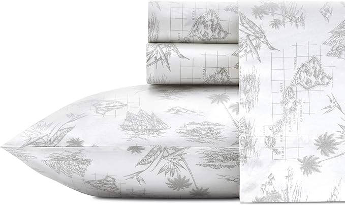 Tommy Bahama - Queen Size Sheets Set, Crisp & Tailored Cooling Sheets with a Smooth Cotton Percale Lightweight Feel - Bed Sheets with Matching Pillowcases & Fitted Sheet (Vintage Map Grey)