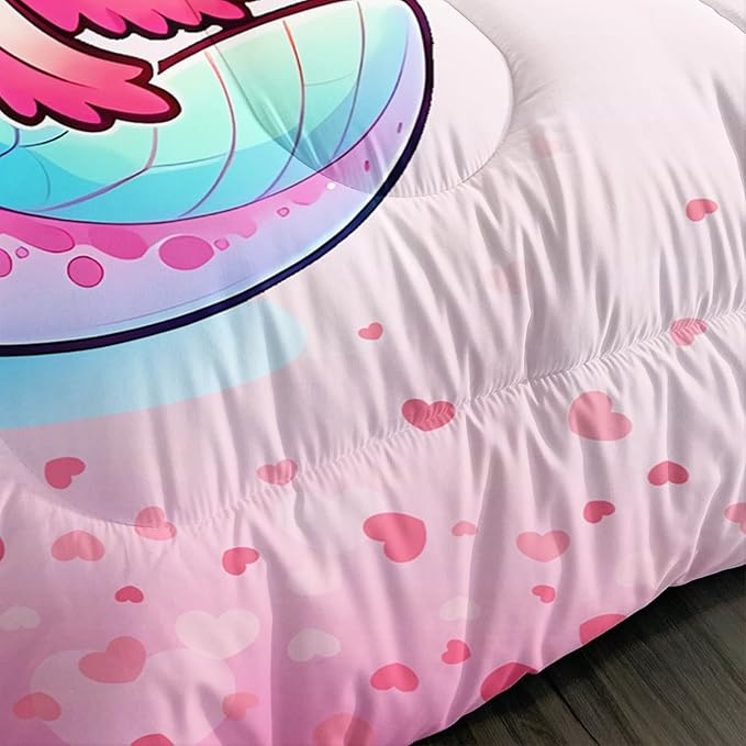 Cartoon Axolotl Comforter Kids Bedding Set,Cute Axolotl Flower Butterfly Bedding King Size for Toddler Girls Room Kawaii Decor,Pink Series Kids Comforter Sets with 2 Pillowcases.