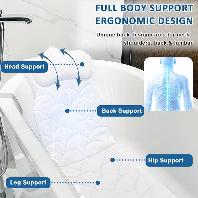 REEZEIVI Full Body Bath Pillow,Thick Bathtub Cushion with Laundry Bag,Bath Pillow with 13 Non-Slip Suction Cups,Soft 3D Mesh Fabric,Bathtub Cushion for Headrest Neck and Back Support (White)