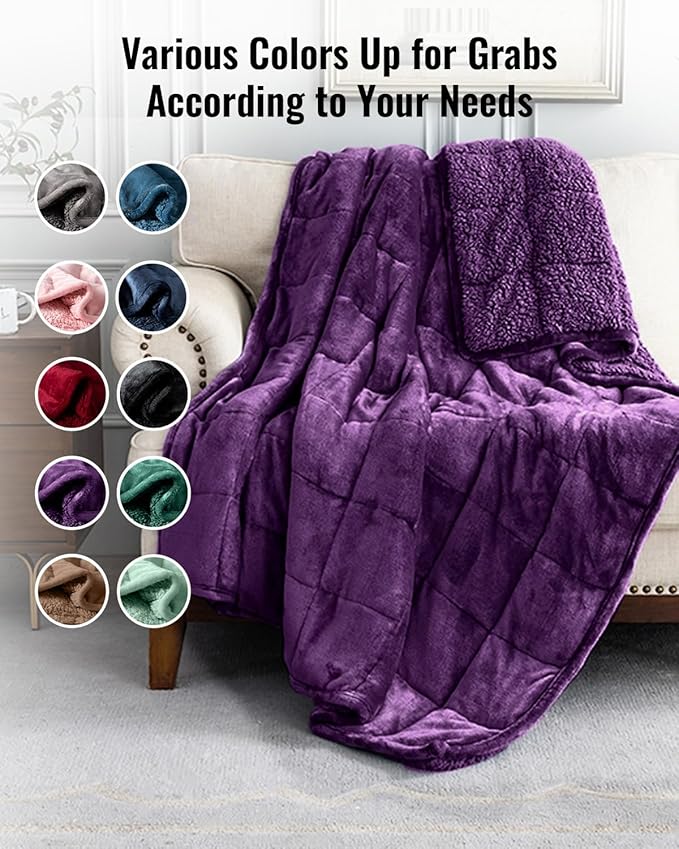 Uttermara Weighted Blanket for Adults, Double Size Heavy Blanket with Reversible Soft Shiny Velour Fleece and Cozy Warm Sherpa for Couch Bed, Calming and Relaxing, 48 x 72 inches 15 lbs in Purple