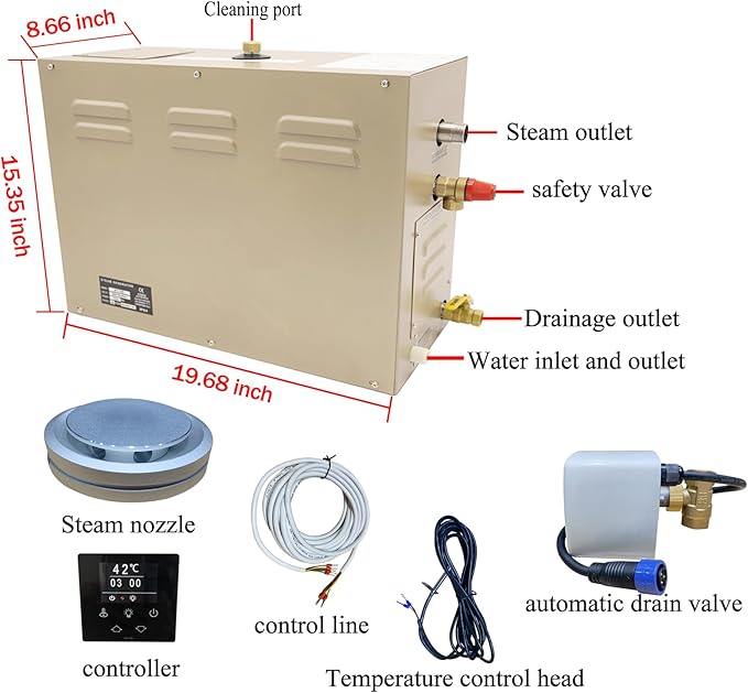 Steam shower generator,15kw Household-Commercial,Steam shower generator kit,with self-draining system,Temperature adjustable 95-131°F,Applicable space 420～560ft3
