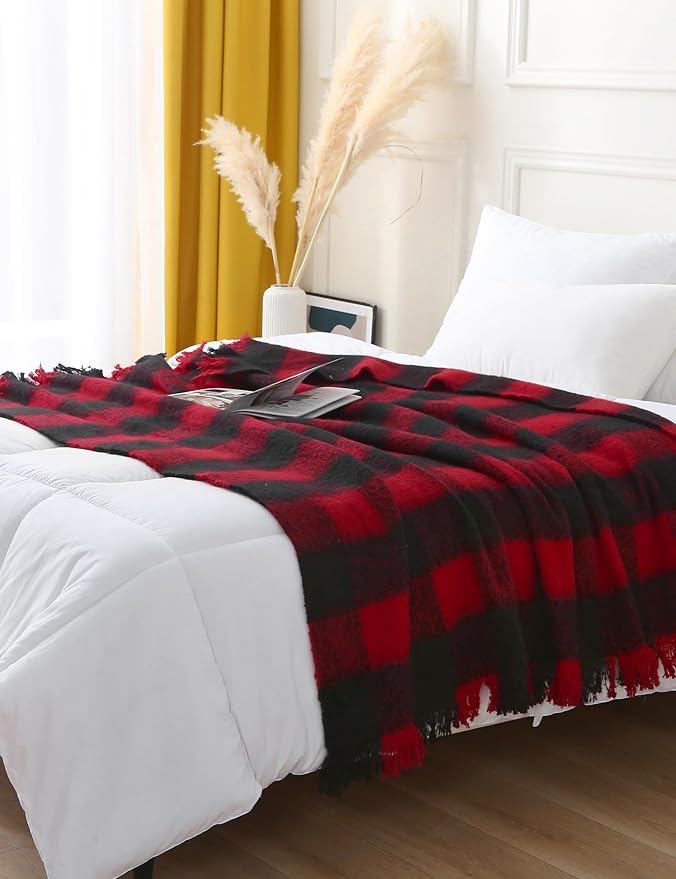ZonLi Christmas Buffalo Plaid Blanket, Black and Red Plaid Throw Blankets with Tassel for Couch, Bed, Sofa, Chair, Outdoor, Cozy Warm Lightweight Farmhouse,50" x 60"
