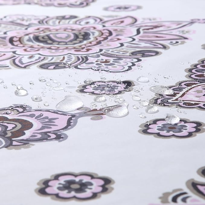 Long Shower Curtain, Luxury White Bath Curtain with Baroque Brown & Pink Paisley Medallion Print, Waterproof Plush Polyester Fabric, 72" W x 78" H