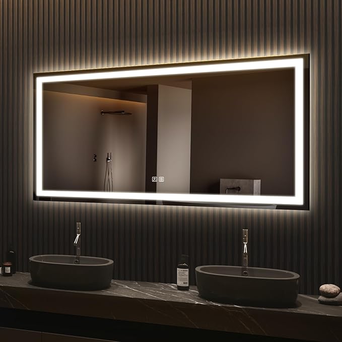 APRILSOUL 60x28 Inch LED Bathroom Mirror with Front and Backlit, Makeup Mirror with 3 Color Lights, Memory Function, Anti-Fog and Dimmable Light (Horizontal)