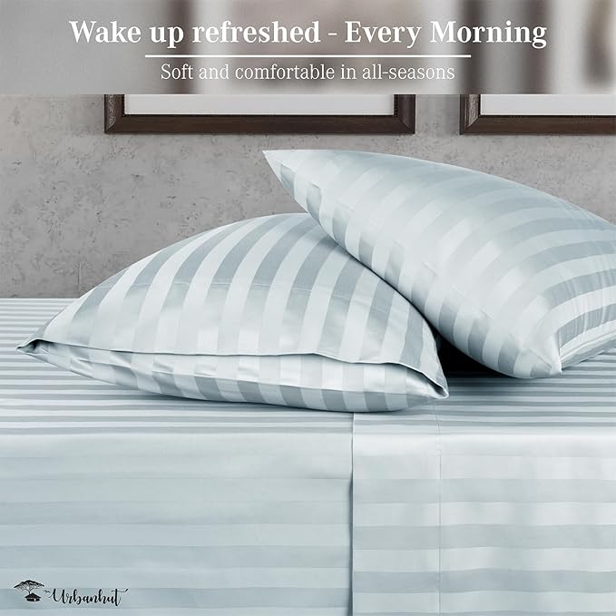 URBANHUT 1000 Thread Count Damask Striped California King Sheet Set Egyptian Cotton, Long Staple Soft & Breathable, 4 Pc Bed Sheet Sets, Luxury Hotel Sateen Sheets Fits 16" Deep Pocket - Light Blue