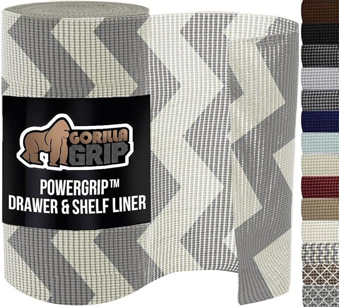 GORILLA GRIP powerGRIP Drawer Shelf and Cabinet Liner, Thick Strong Hold, Non-Adhesive Liners Protect Kitchen Cabinets and Cupboard, Bathroom Drawers, Easy Install, Breathable Mat, 17.5"x20', Chevron