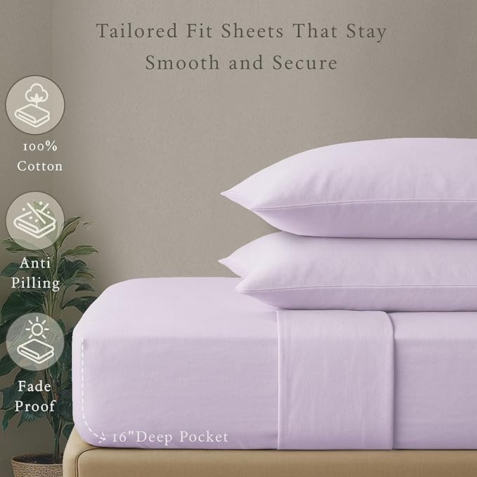 Threadmill Cotton Queen Sheet Set, 500 Thread Count Bed Sheets, 100% Cotton Sheets Set for Queen Size Bed, Smoother Than Egyptian Cotton Claims, 4 Pc Set with Deep Pockets, Lilac