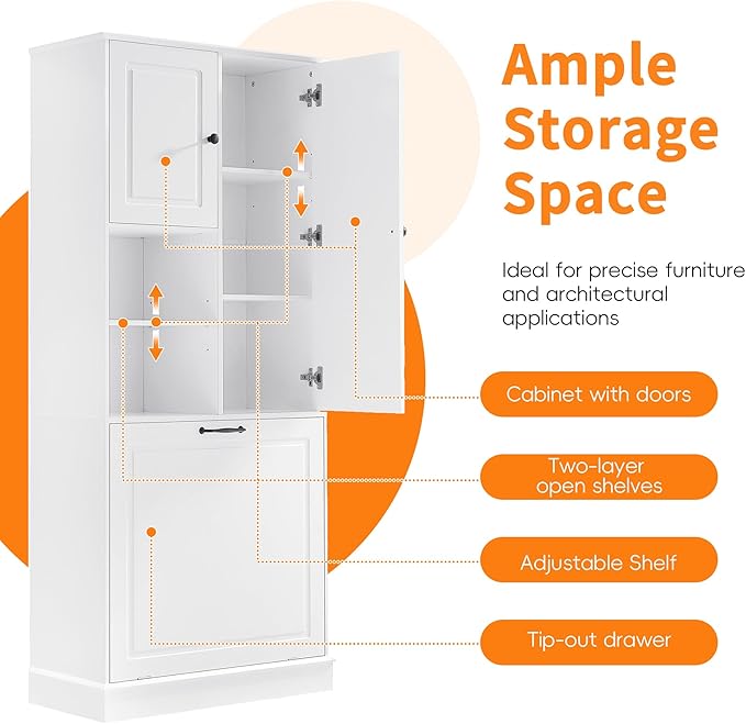 Tall Storage Cabinet with Adjustable Shelves & Flip-Out Basket, MDF Material with Aluminum Alloy Handles, Large Capacity for Bathroom, Kitchen, Living Room, Office Organizer, White