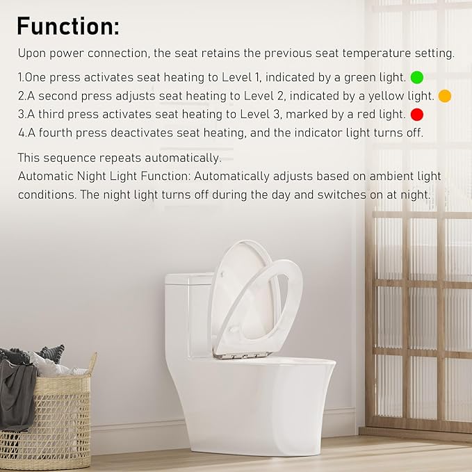 iliD Heated Toilet Seat, Elongated Seat, Three Levels of 90°F, 95°F,100°F, 3D Curved, Lid and Seat Soft Close, Light-sensitive Night Light, IPX4