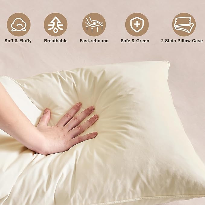BHZ Satin Goose Down Feather Pillows King Size Set of 2 with Beige Satin Pillowcase for Hair and Skin, Cooling Pillow Cases Similar to Silk Pillow Cases, Decorative for Women, Mom Men