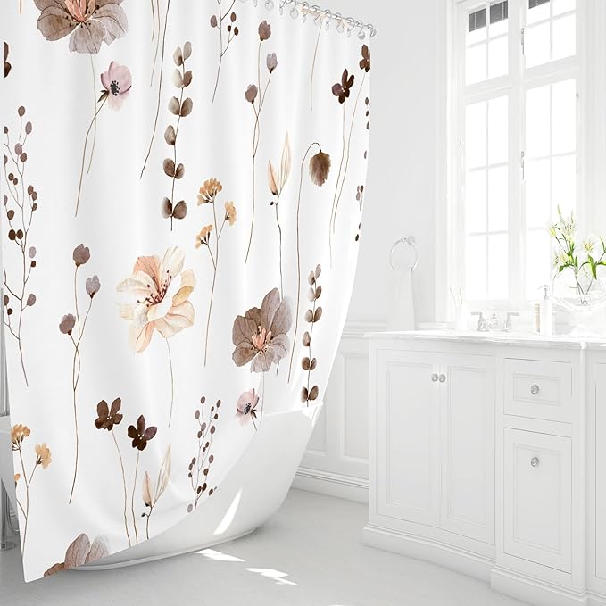 Gibelle Extra Long Shower Curtain 72 x 84, Watercolor Floral Fabric Shower Curtain, Brown Beige Flower Decorative Bathroom Shower Curtain Set with Hooks