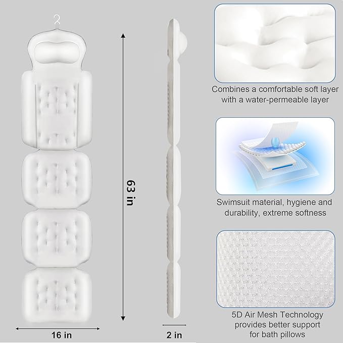 Luxury Full Body Bath Pillow for Bathtub, Bath Pillows for Tub with Mesh Laundry Bag, Cushion for Bathtub Headrest Neck Back Support - 5D Air Mesh & Quick Drying | White 63" x 16"