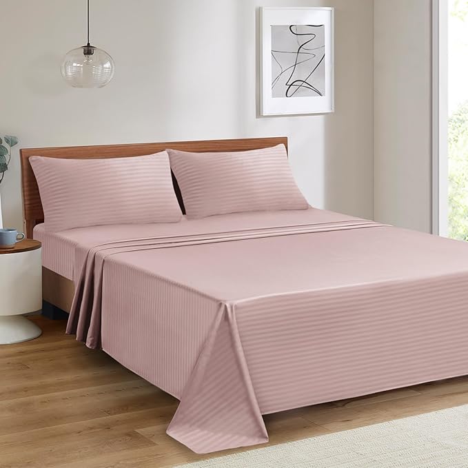 Mejoroom Striped Full Size Sheets – Extra Soft Full Size Bed Sheets - 16inches deep Pocket Full Sheet Set, Breathable, Wrinkle, Fade and Stain Resistant - 4 Piece (02-Dusty Pink)